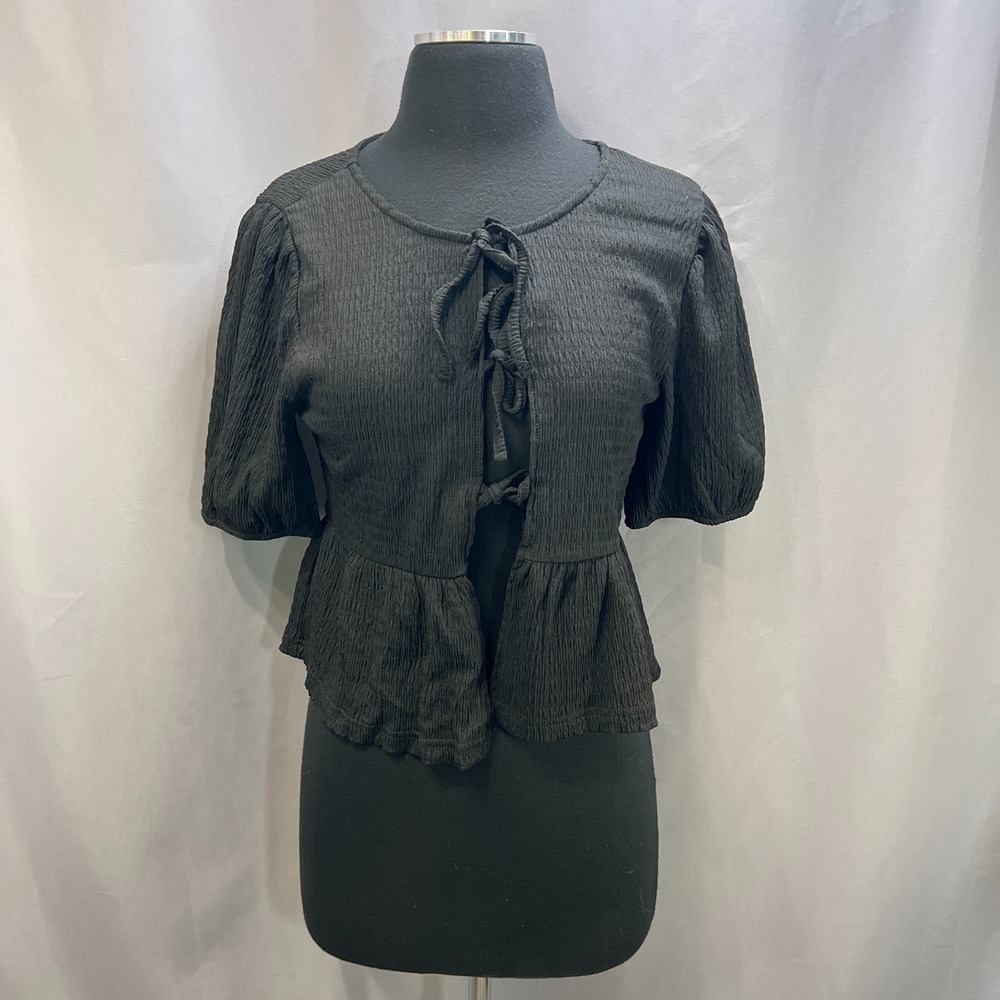Noisy May Blouse Top Womens Small Black Crinkled Textured Tie Front Puff Sleeves